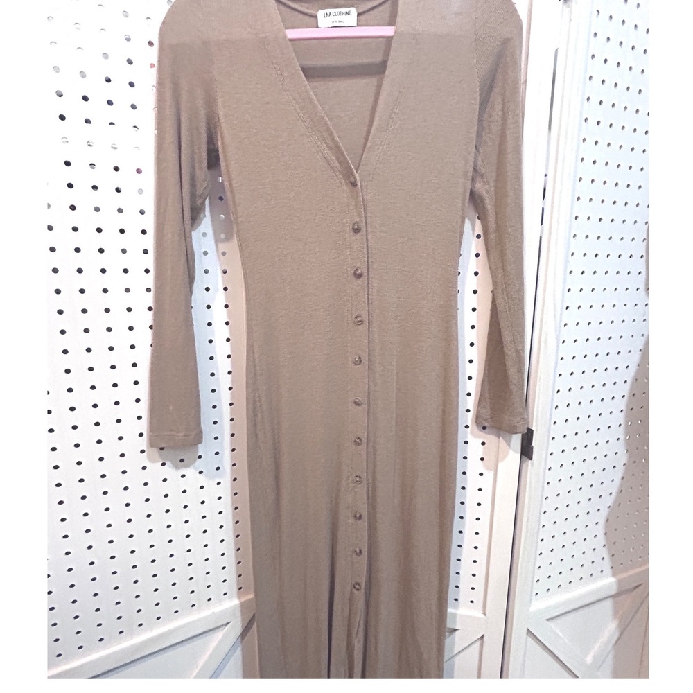 LNA Clothing‎ Ribbed V Neck Button Front Long Sleeve Midi Dress Extra Small